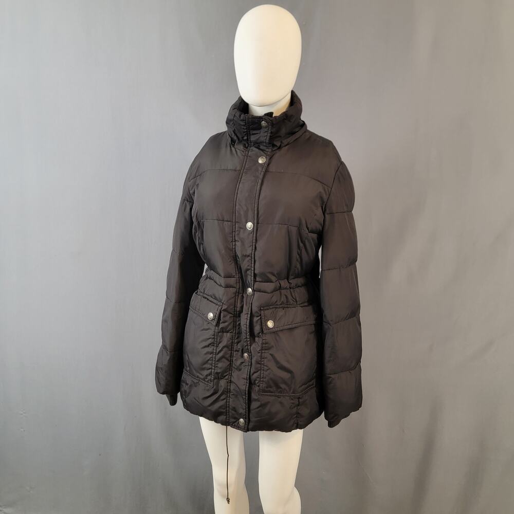 Route 66 Black Puffer Coat with Pink Plaid Lining and Snap Front Size Small